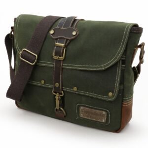 4047 Antiochia GL Hakiki Deri Haki Yeşil Omuz Postacı Okul Suya Dayanıklı Mumlu Kanvas Laptop Çanta