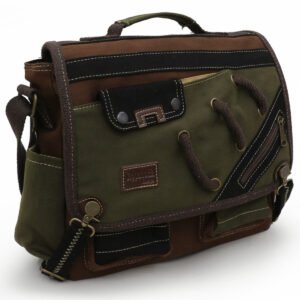 4017 Haki Kahve 14" Laptop Pamuk Gabardin Postacı Okul Çantası Unisex Kilitli Çok Cepli Omuz Askılı