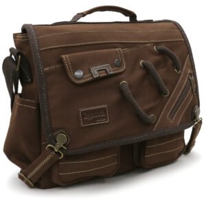 4017 Kahverengi 14" Laptop Pamuk Gabardin Postacı Okul Çantası Unisex Kilitli Çok Cepli Omuz Askılı