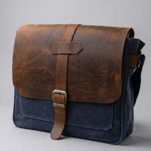 7503 Hakiki Deri Lcivert Taba Kapaklı Suya Dayanıklı Mumlu Kanvas 15” Laptop, Okul, Evrak Seyahat Çantası
